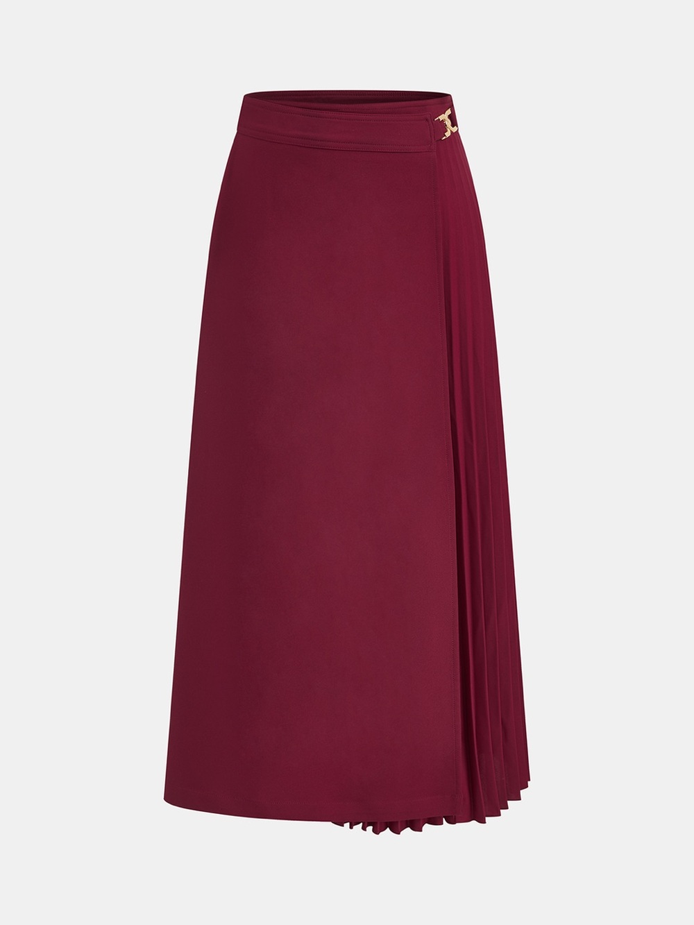 Commense Burgundy Midi Skirt with Pleated Side and Gold Accent